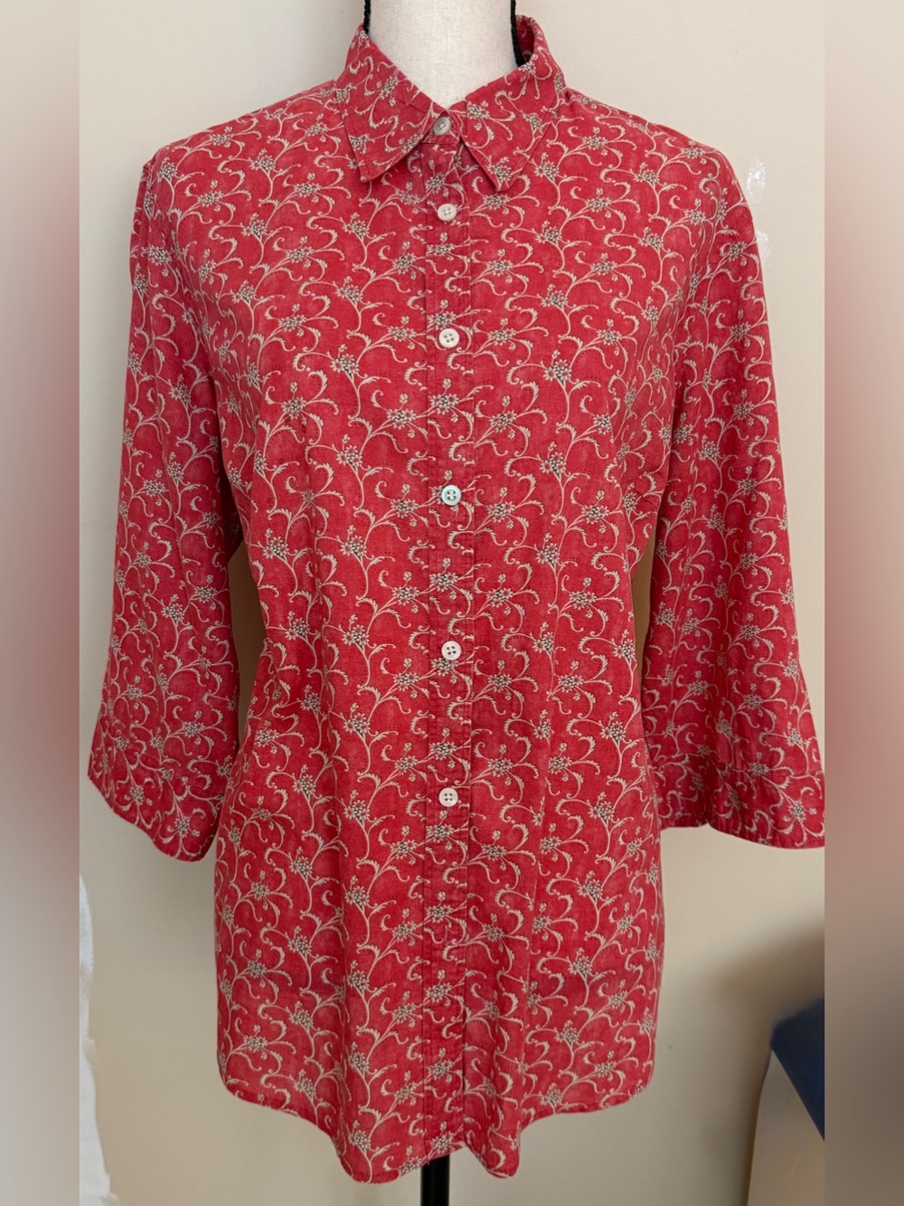 VTG RALPH LAUREN 100% COTTON 3/4 SLEEVE SHIRT BLOUSE RED VINE PATTERN 1X